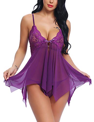 Joyaria Negligee Nachtwäsche Frauen V-Ausschnitt Nachtwäsche Sleepwear Nachtwäsche Nachthemd G-String Sleepwear(Lila,M) von Joyaria