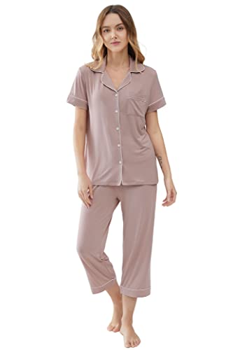 Joyaria Pyjama Damen Kurzarm Schlafanzug Set mit Knöpfen Kurz Sleepwear V-Ausschnitt Sommer Nachtwäsche mit Caprihose Leicht Sleepshirt Viskose Hausanzug(Hellrosa,S) von Joyaria