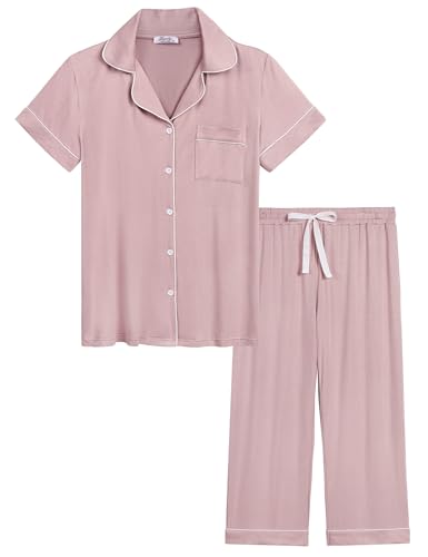 Joyaria Pyjama Set Damen Kurzarm mit Knopfleiste Schlafanzug Kurz für Frauen Zweiteiliger Nachtwäsche Hausanzug Sleepshirt und Caprihose(Hellrosa,XL) von Joyaria