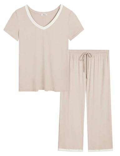 Joyaria Damen Schlafanzug Bambus Pyjamas Kurz und 3/4 Länge Hose Sommer Capri Nachtwäsche(Creme, S) von Joyaria
