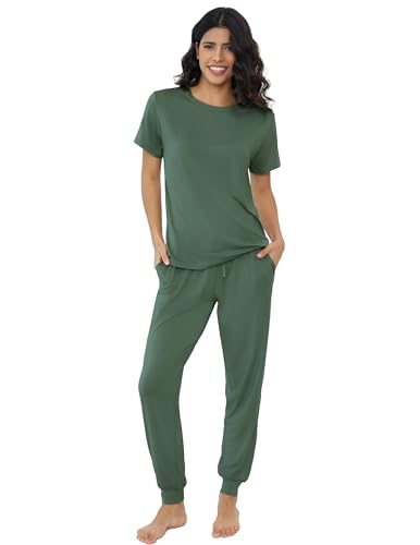 Joyaria Pyjama Damen Kurzarm mit Lange Hose Schlafanzug Sommer Zweiteiliger Nachtwäsche Lang Hausanzug Leicht Sleepwear für Frauen(Oliv Grün,XL) von Joyaria