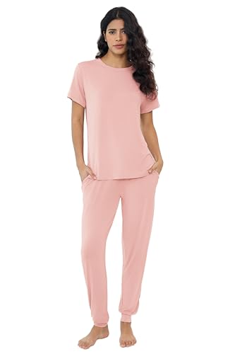 Joyaria Pyjama Damen Kurzarm mit Lange Hose Schlafanzug Sommer Zweiteiliger Nachtwäsche Lang Hausanzug Leicht Sleepwear für Frauen(Pfirsich Rot,XL) von Joyaria