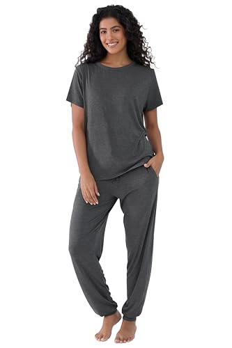 Joyaria Pyjama Damen Kurzarm mit Lange Hose Schlafanzug Sommer Zweiteiliger Nachtwäsche Lang Hausanzug Leicht Sleepwear für Frauen (Anthrazit, S) von Joyaria