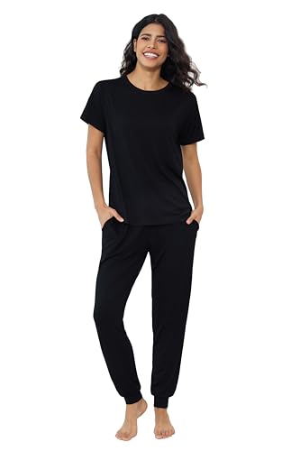 Joyaria Pyjama Damen Lang Schlafanzug Sommer mit Lange Hose und Kurzarm-Top für Frauen Loungewear Kurz Zweiteiliger mit Bündchen(Schwarz,S) von Joyaria