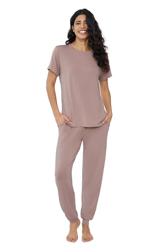 Joyaria Pyjama Damen Lang Schlafanzug Sommer mit Lange Hose und Kurzarm-Top für Frauen Loungewear Kurz Zweiteiliger mit Bündchen(Violett Rosa,S) von Joyaria