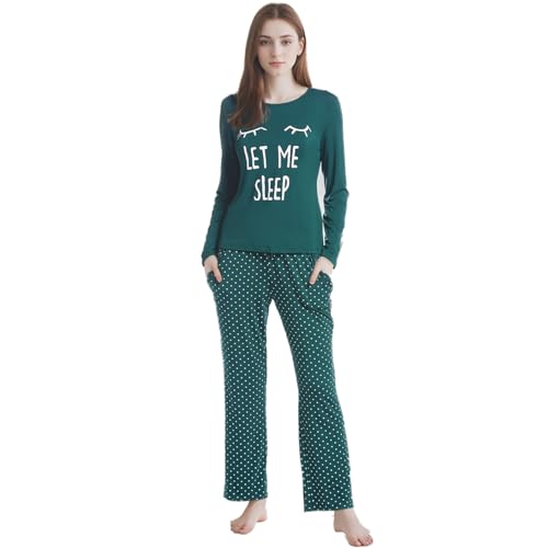 Joyaria Pyjama Damen Lang Warm Schlafanzug Frühling Buchstabe Druckt Langarm-Top und Polaka Dot Pyjamahose mit Taschen Zweiteiliger Hausanzug Nachtwäsche(Grün,M) von Joyaria