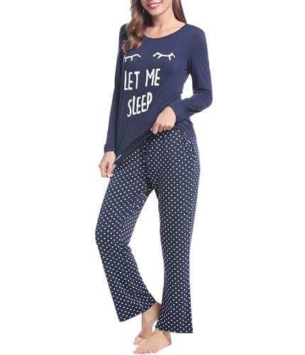 Joyaria Pyjama Damen Lang Warm Schlafanzug Frühling Buchstabe Druckt Langarm-Top und Polaka Dot Pyjamahose mit Taschen Zweiteiliger Hausanzug Nachtwäsche(Marineblau,M) von Joyaria