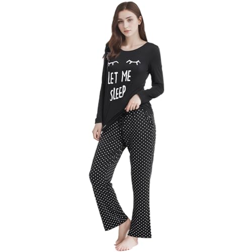 Joyaria Pyjama Damen Lang Warm Schlafanzug Frühling Buchstabe Druckt Langarm-Top und Polaka Dot Pyjamahose mit Taschen Zweiteiliger Hausanzug Nachtwäsche(Schwarz,M) von Joyaria