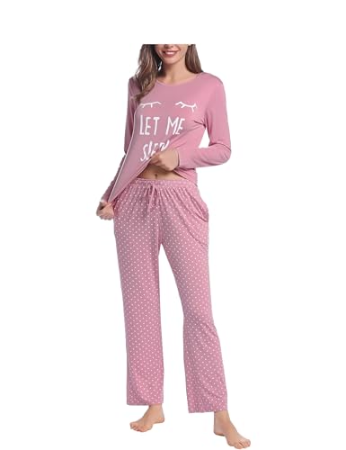 Joyaria Pyjama Damen Lang Warm Schlafanzug Frühling Buchstabe Druckt Langarm-Top und Polaka Dot Pyjamahose mit Taschen Zweiteiliger Hausanzug Nachtwäsche(Staubiges Rosa,M) von Joyaria