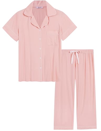 Joyaria Pyjama Damen Leicht Schlafanzug Kurz mit Knopfleiste Nachtwäsche Sleepwear Hausanzug Kurzarm Oberteil und Pyjamahose Zweiteiliger(Pfirsich Rot,M) von Joyaria