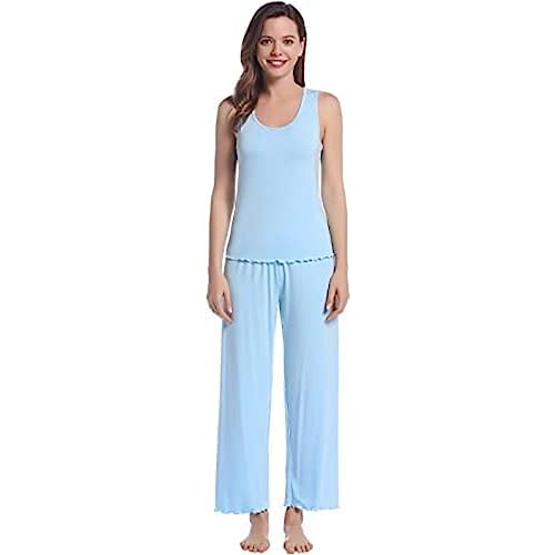 Joyaria Pyjama-Set Damen Kurz Ärmellos Schlafanzug Sommer Viskose Zweiteilige mit U-Ausschnitt Top und Lange Schlafanzughose Weicht Nachtwäsche Sleepwear(Hellblau,Größe L) von Joyaria