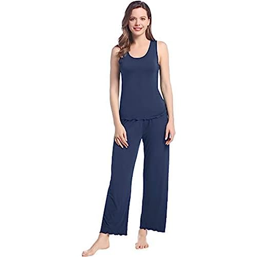 Joyaria Pyjama-Set Damen Kurz Ärmellos Schlafanzug Sommer Viskose Zweiteilige mit U-Ausschnitt Top und Lange Schlafanzughose Weicht Nachtwäsche Sleepwear(Marineblau,Größe L) von Joyaria