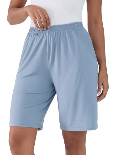 Joyaria Pyjamahose für Damen Kurz Schlafanzughose Weicher Freizeit Nachtwäsche Kurz mit Taschen (Nebel Blau, L) von Joyaria