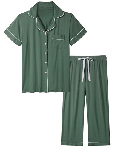 Joyaria Pyjama Set Damen Kurzarm mit Knopfleiste Schlafanzug Kurz für Frauen Zweiteiliger Nachtwäsche Hausanzug Sleepshirt und Caprihose(Oliv,XL) von Joyaria