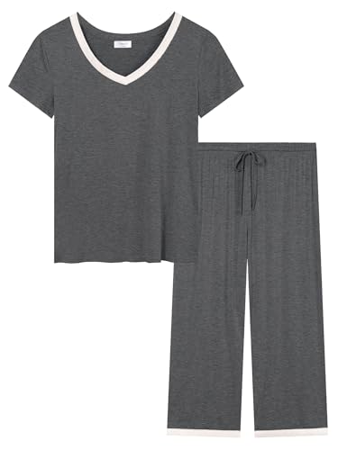 Joyaria Pyjamas Set Damen kurzärmligen Schlafanzug Capri 3/4 Lang Hose Sommer Nachtwäsche(Anthrazit, XXL) von Joyaria