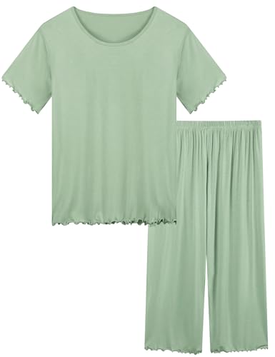Joyaria Pyjamas Set Damen kurzärmligen Schlafanzug Capri 3/4 Lang Hose Sommer Nachtwäsche(Salbeigrün, XXL) von Joyaria