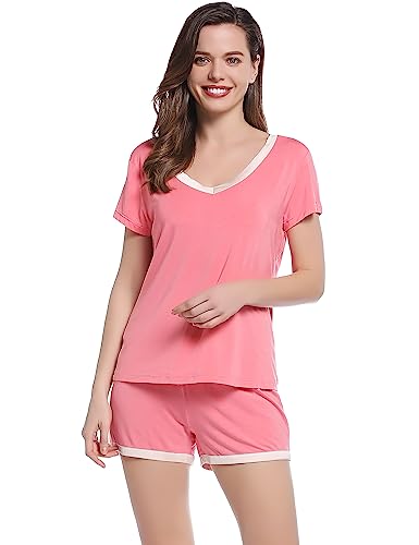 Joyaria Schlafanzug Damen Pyjama Set Kurz Weich Nachtwäsche Hausanzug Zweiteiliger(Koralle,Größe L) von Joyaria