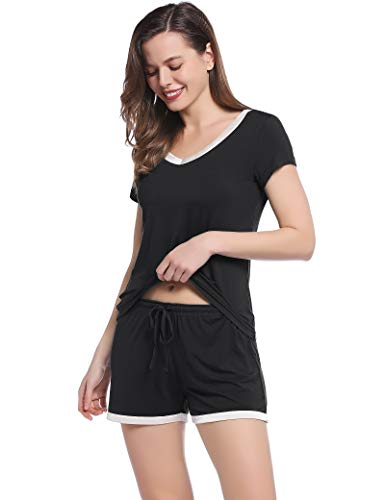 Joyaria Schlafanzug Damen Pyjama Set Kurz Weich Nachtwäsche Hausanzug Zweiteiliger(Schwarz,Größe L) von Joyaria