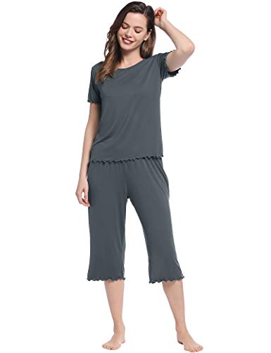 Joyaria Schlafanzug Damen Viskose aus Bambus Zweiteiliger Hausanzug Sommer Pyjama Set für Frauen Kurzarm-Top und 3/4 Lange Hose(Dunkelgrau,M) von Joyaria