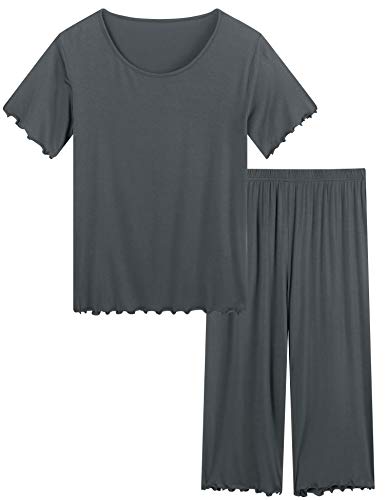 Joyaria Pyjama Damen Kurz Rundhals Schlafanzüge Kurz Top und 3/4 Lange Hosen Schlafanzug Nachtwäsche(Schwarz, M) von Joyaria
