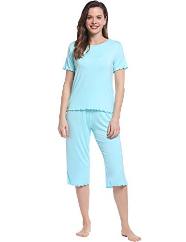 Joyaria Schlafanzug Damen Viskose aus Bambus Zweiteiliger Hausanzug Sommer Pyjama Set für Frauen Kurzarm-Top und 3/4 Lange Hose(Hellblau,M) von Joyaria