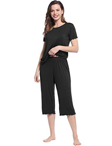 Joyaria Schlafanzug Damen Viskose aus Bambus Zweiteiliger Hausanzug Sommer Pyjama Set für Frauen Kurzarm-Top und 3/4 Lange Hose(Schwarz,M) von Joyaria