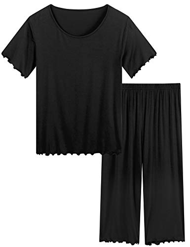 Joyaria Pyjama Damen Kurz Rundhals Schlafanzüge Kurz Top und 3/4 Lange Hosen Schlafanzug Nachtwäsche(Schwarz, M) von Joyaria