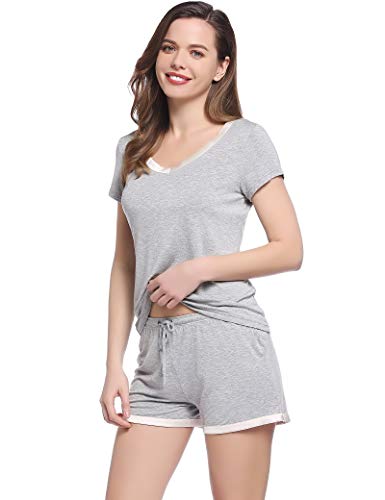 Joyaria Schlafanzug Damen Baumwolle Kurz Pyjama Set Leicht Weich Einfarbige Nachtwäsche Hausanzug Zweiteiliger(Grau,Größe XXL) von Joyaria