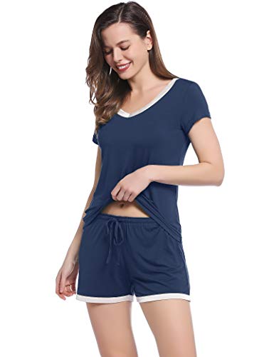 Joyaria Schlafanzug Damen Baumwolle Kurz Pyjama Set Leicht Weich Einfarbige Nachtwäsche Hausanzug Zweiteiliger(Marineblau,Größe XXL) von Joyaria