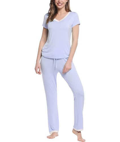 Joyaria Schlafanzug Damen Kurz Sommer Pyjama Set für Frauen Kurzarm-Top Lange Hose Dünn Nachtwäsche Hausanzug Zweiteiliger Sleepwear(Helles Lila,S) von Joyaria