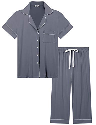 Joyaria Pyjama Damen Set mit Knöpfen Schlafanzug Kurz für Frauen Zweiteiliger Sleepwear Weiche Nachtwäsche mit Caprihose und Kurzarm Sleepshirt(Dunkelgrau,S) von Joyaria