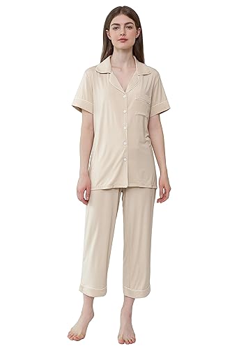 Joyaria Schlafanzug Damen Kurzarm Zweiteiliger Pyjama Set Kurz Sommer Nachtwäsche V-Ausschnitt Hausanzug Viskose Sleepwear mit Knöpfe und Caprihose(Vanille Creme,L) von Joyaria