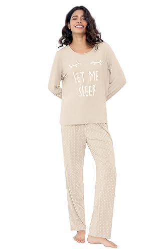 Joyaria Schlafanzug Damen Frühling Pyjama Damen Lang Zweiteilige Nachtwäsche Langarm Top Rundhalsausschnitt und Pyjamahose mit Tupfen Hausanzug Sleepwear(Vanille Creme,L) von Joyaria