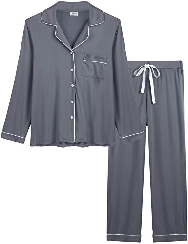 Joyaria Damen Pyjama Lang mit Knopfleiste Winter Schlafanzug Langarm Nachtwäsche Bequeme Hausanzug Warme Zweitiliger(Grau,XXL) von Joyaria