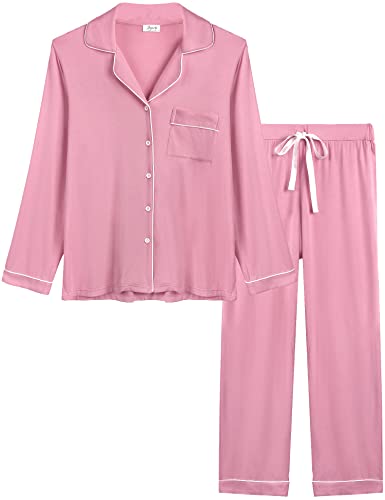 Joyaria Damen Pyjama Lang mit Knopfleiste Winter Schlafanzug Langarm Nachtwäsche Bequeme Hausanzug Warme Zweitiliger(Staubige Rose,XXL) von Joyaria