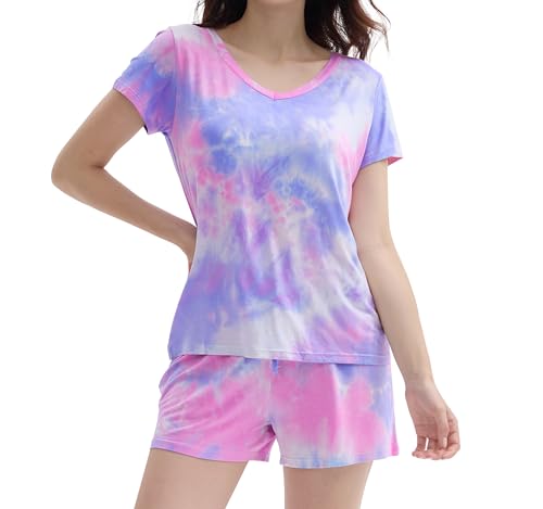 Joyaria Schlafanzug Damen Kurz Bambus Pyjama Set Shorty Nachtwäsche Zweiteilig Weich Nightwear(Lila Schnurbatik, Mittel) von Joyaria