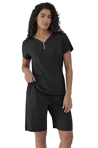 Joyaria Schlafanzug Damen Kurz Bambus Viskose Sommer PyjamaSets Zweiteilig Nachtwäsche Hausanzug Einfarbige Pyjama Oberteile mit Henley-Ausschnitt Pyjamashorts (Schwarz, M) von Joyaria
