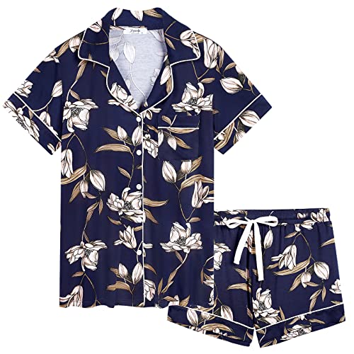 Joyaria Schlafanzug Damen Kurz Pyjama Kurzarm mit Geknöpft Nachtwäsche Set Shorts Hose Top Atmungsaktiv(Lily Dunkelblau,Größe L) von Joyaria