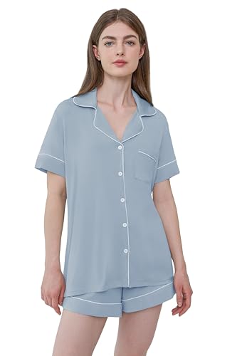 Joyaria Schlafanzug Damen Kurz Pyjama Set Kurzarm mit Knopfleiste/Knöpfe Bambus Weich Nachtwäsche Hausanzug(Staubiges Blau, Größe L) von Joyaria