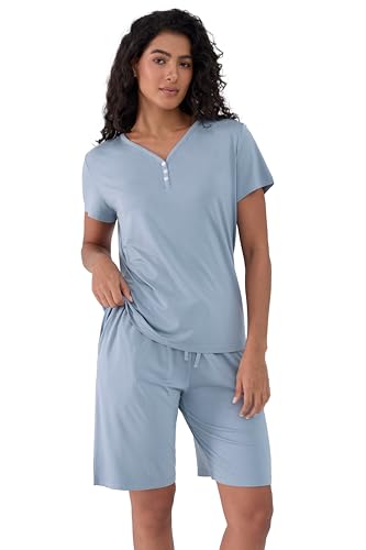 Joyaria Schlafanzug Damen Kurz Pyjama Set Bambus Viskose Kurzarm Top und Kurze Hose Zweiteiliger Nachtwäsche Sommer Hausanzug Loungewear (Staubiges Blau, L) von Joyaria