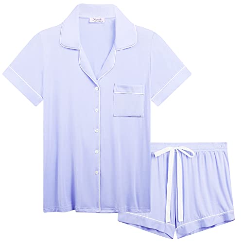 Joyaria Schlafanzug Damen Kurz Pyjama Set Kurzarm mit Knopfleiste/Knöpfe Bambus Weich Nachtwäsche Hausanzug(Helles Lila, Größe L) von Joyaria