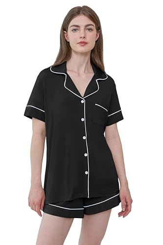 Joyaria Schlafanzug Damen Kurz Pyjama Set Kurzarm mit Knopfleiste/Knöpfe Bambus Weich Nachtwäsche Hausanzug(Schwarz, Größe L) von Joyaria