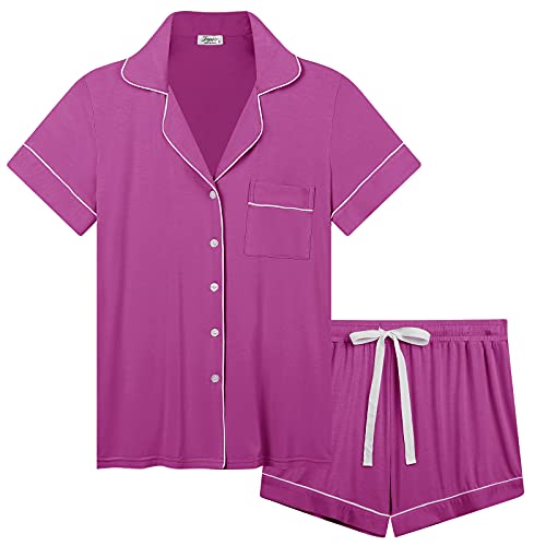 Joyaria Schlafanzug Damen Kurz Pyjama Set Kurzarm mit Knopfleiste/Knöpfe Bambus Weich Nachtwäsche Hausanzug(Staubige Lila, Größe L) von Joyaria