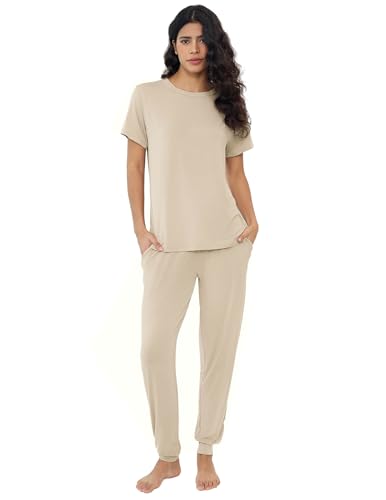 Joyaria Schlafanzug Damen Kurz Pyjama Set Lang Sommer Nachtwäsche Kurzarm mit Lange Hose Sleepwear Zweiteiliger mit Rundhalsausschnitt(Creme,L) von Joyaria