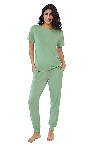 Joyaria Schlafanzug Damen Kurz Pyjama Set Lang Sommer Nachtwäsche Kurzarm mit Lange Hose Sleepwear Zweiteiliger mit Rundhalsausschnitt(Salbei Grün,L) von Joyaria