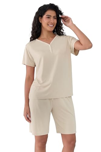 Joyaria Schlafanzug Damen Kurz Shorty Pyjama Bambus Sommer Nachtwäsche Henley Ausschnitt T Shirt mit Bermuda Shorts (Creme, M) von Joyaria