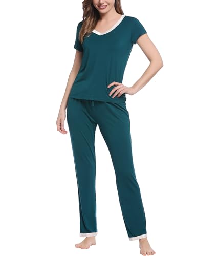 Joyaria Schlafanzug Damen Kurz Sommer Pyjama Set für Frauen Kurzarm-Top Lange Hose Dünn Nachtwäsche Hausanzug Zweiteiliger Sleepwear(Grün,S) von Joyaria