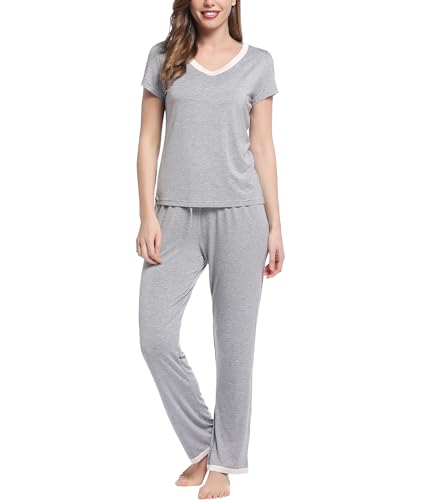 Joyaria Schlafanzug Damen Kurz Sommer Pyjama Set für Frauen Kurzarm-Top Lange Hose Dünn Nachtwäsche Hausanzug Zweiteiliger Sleepwear(Hellgrau,S) von Joyaria