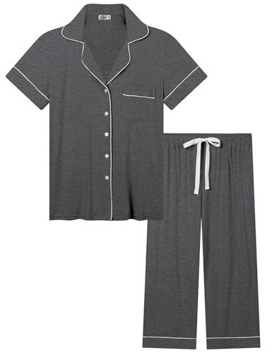 Joyaria Schlafanzug Damen Kurzarm Knopfleiste Capri Hose Pyjama Set Ultraweich Zweiteiliger Nachtwäsche (Kohlefarbe, XXL) von Joyaria