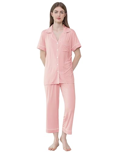 Joyaria Schlafanzug Damen Kurzarm Zweiteiliger Pyjama Set Kurz Sommer Nachtwäsche V-Ausschnitt Hausanzug Viskose Sleepwear mit Knöpfe und Caprihose(Pfirsich Rot,L) von Joyaria